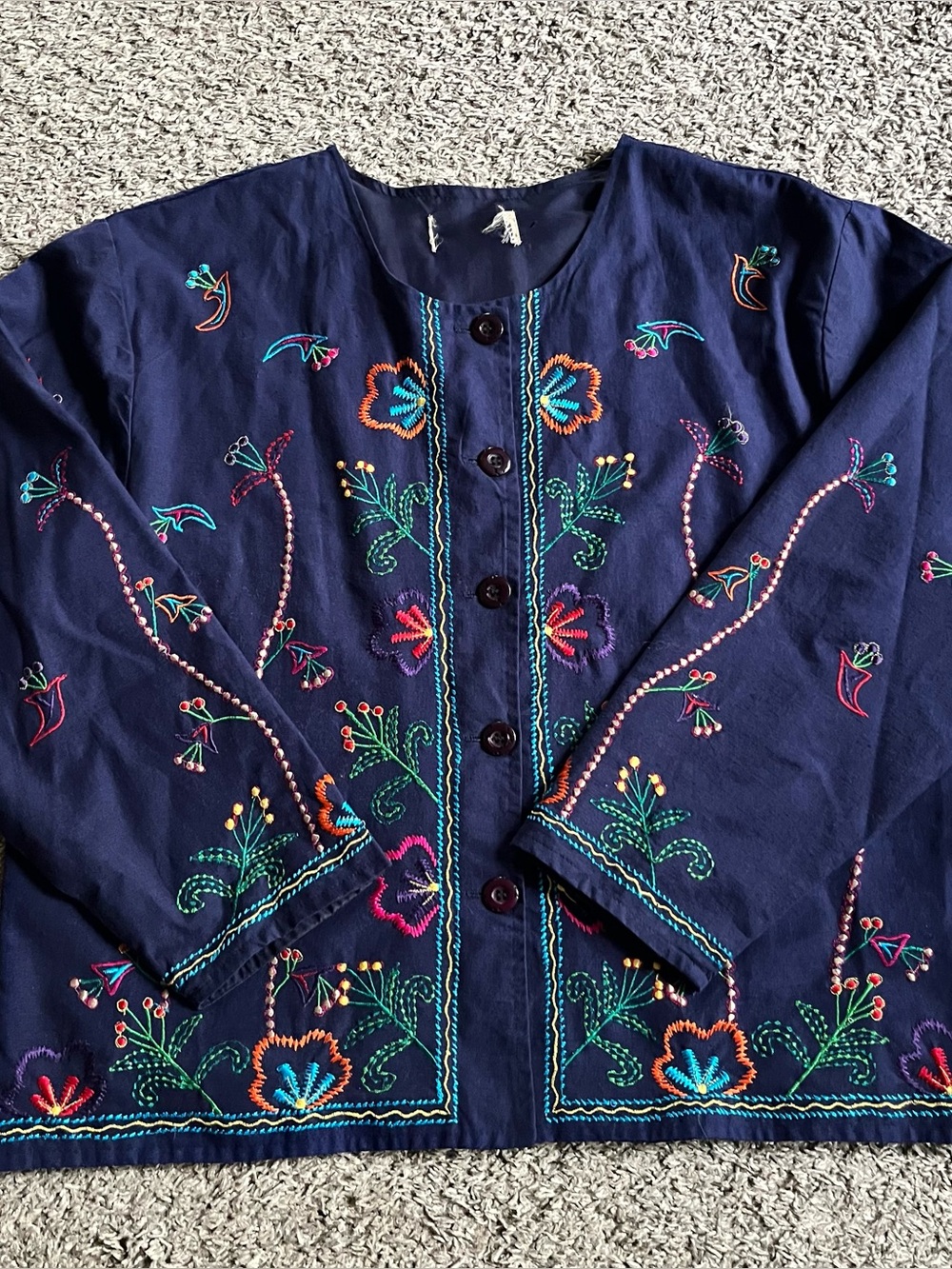 Vintage Floral Embroidered Bohemian Artsy Button Jacket Size XL Navy Blue Silk